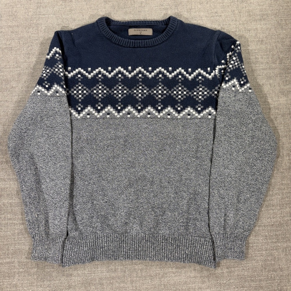 Giordano Fair‎ Isle Sweater Mens Large Blue Grey Excellent Knit Pullover